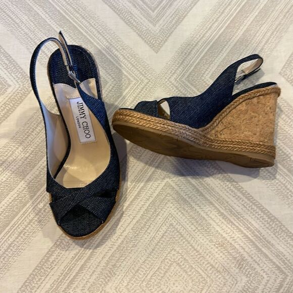 JIMMY CHOO Women’s Denim Cork/Espadrille Slingback Wedge Sandals Size 35.5 - Picture 1 of 7